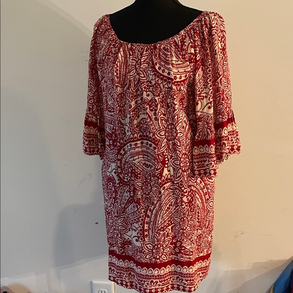 Umgee Off Shoulder Mini Dress Women Size S Girlhood-core Boho Red Cream Paisley - Picture 10 of 14